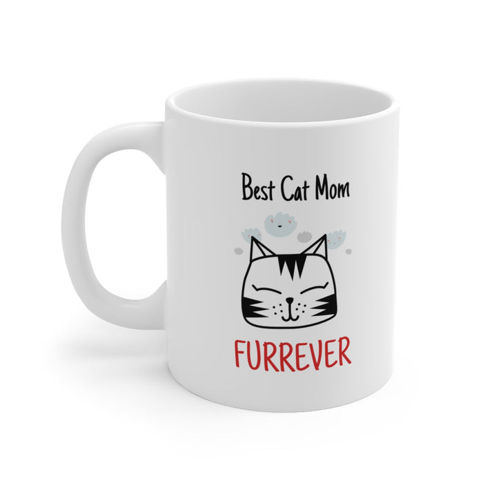 Furrever Mug for the Ultimate Cat Mom: white, black cat mom theme, cartoon, minimal style