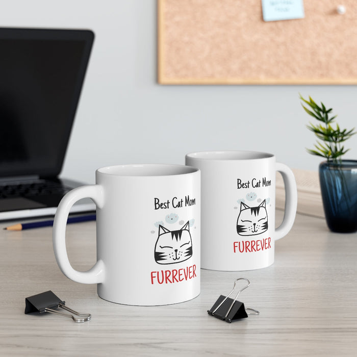 Furrever Mug for the Ultimate Cat Mom: white, black cat mom theme, cartoon, minimal style