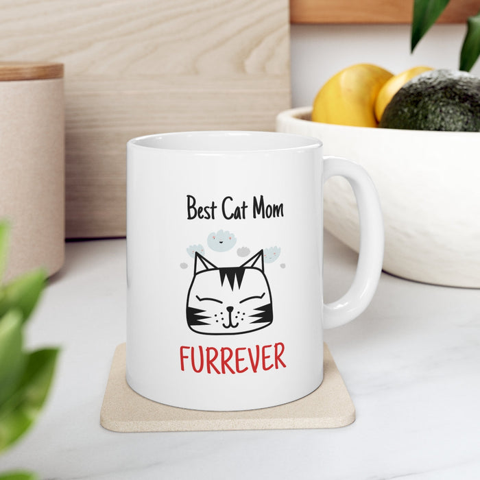 Furrever Mug for the Ultimate Cat Mom: white, black cat mom theme, cartoon, minimal style