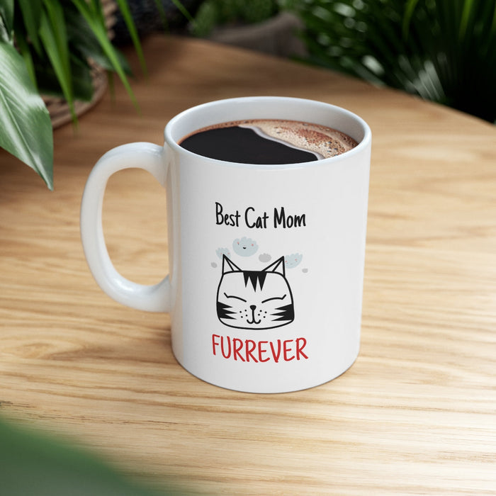 Furrever Mug for the Ultimate Cat Mom: white, black cat mom theme, cartoon, minimal style