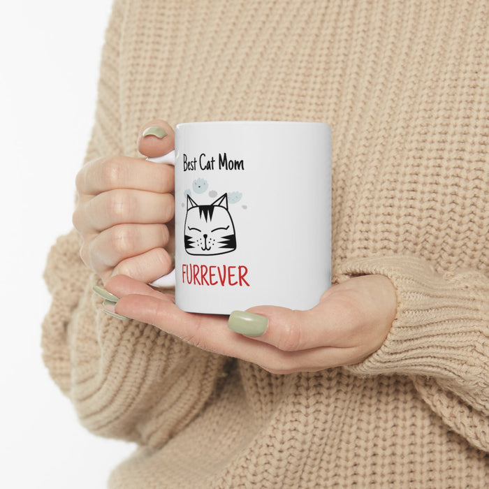 Furrever Mug for the Ultimate Cat Mom: white, black cat mom theme, cartoon, minimal style