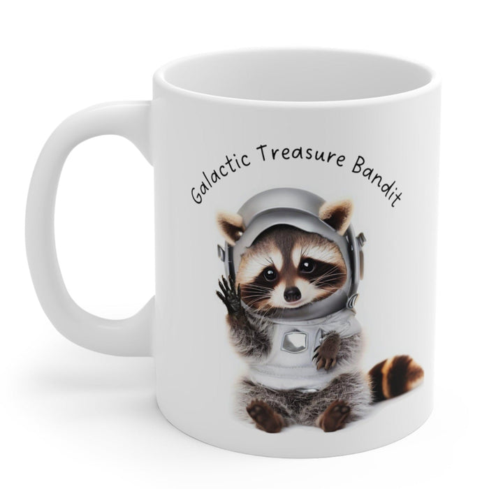 Galactic Raccoon Mug, Adorable Space Thief Treasure Cup: white, gray raccoon astronaut, cute cartoon style