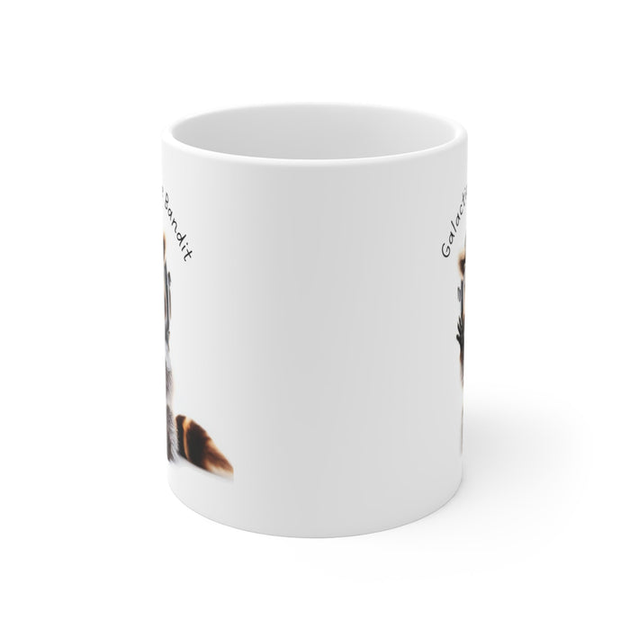 Galactic Raccoon Mug, Adorable Space Thief Treasure Cup: white, gray raccoon astronaut, cute cartoon style