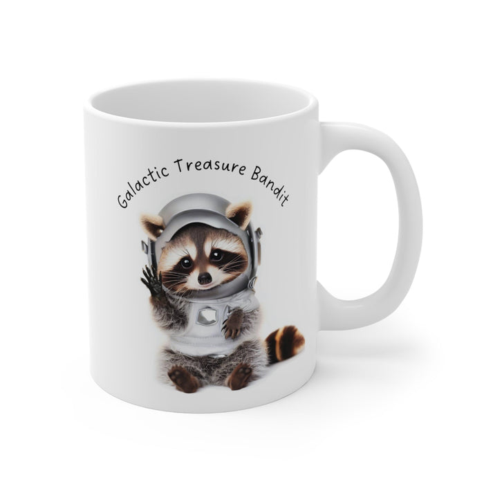 Galactic Raccoon Mug, Adorable Space Thief Treasure Cup: white, gray raccoon astronaut, cute cartoon style