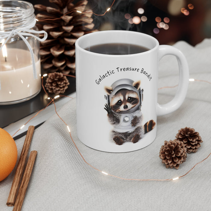 Galactic Raccoon Mug, Adorable Space Thief Treasure Cup: white, gray raccoon astronaut, cute cartoon style
