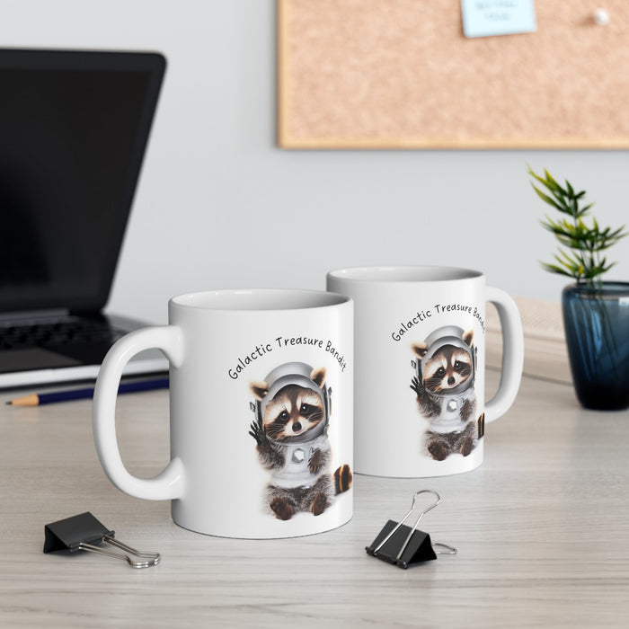 Galactic Raccoon Mug, Adorable Space Thief Treasure Cup: white, gray raccoon astronaut, cute cartoon style