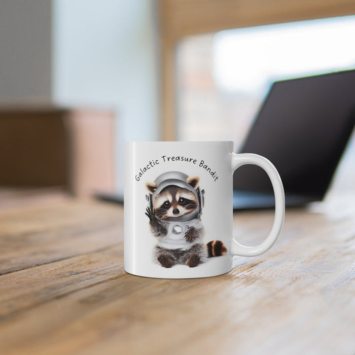 Galactic Raccoon Mug, Adorable Space Thief Treasure Cup: white, gray raccoon astronaut, cute cartoon style