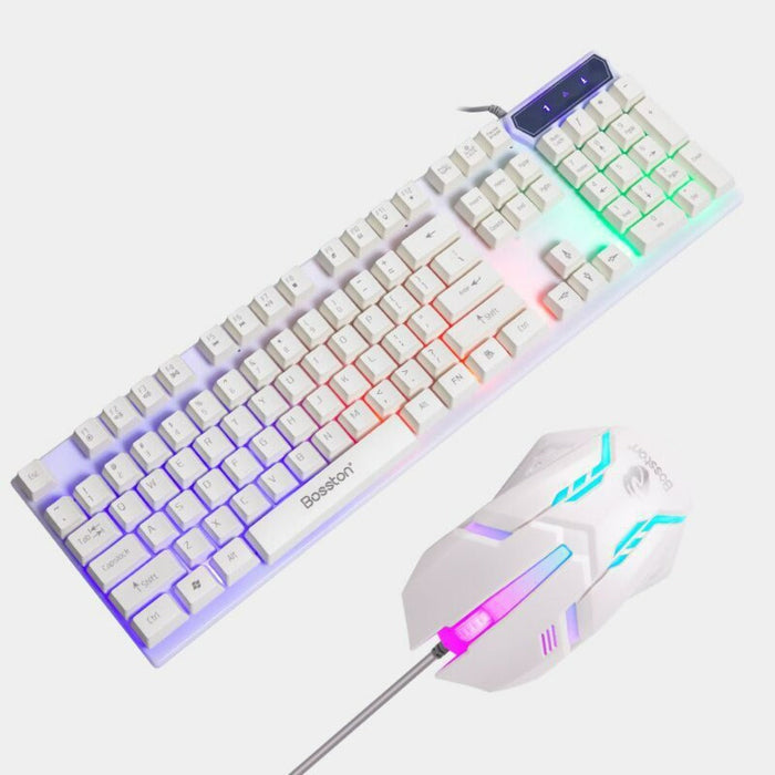 Gaming Keyboard and Mouse Set with LED Lights: white, light gray computer keyboard and wired gaming mouse set, gaming, futuri