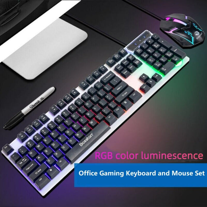 Gaming Keyboard and Mouse Set with LED Lights: white, light gray computer keyboard and wired gaming mouse set, gaming, futuri