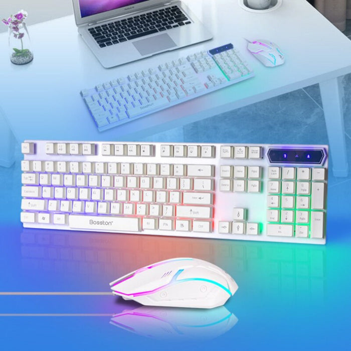 Gaming Keyboard and Mouse Set with LED Lights: white, light gray computer keyboard and wired gaming mouse set, gaming, futuri