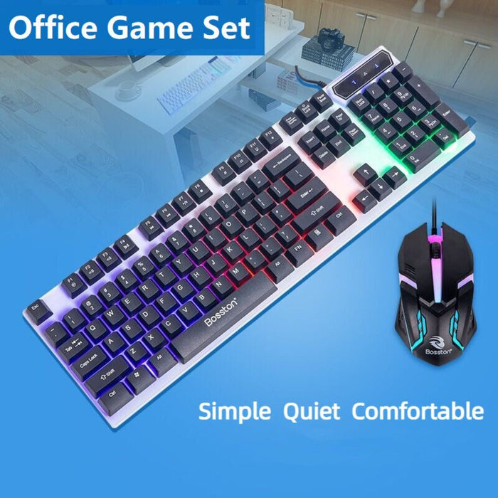 Gaming Keyboard and Mouse Set with LED Lights: white, light gray computer keyboard and wired gaming mouse set, gaming, futuri