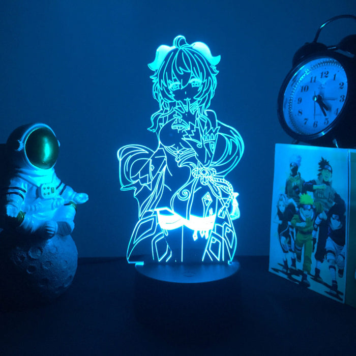 Ganyu Gesnhin Impact Night Light: cyan blue, black anime-style female character with Genshin Impact logo, anime, decorative