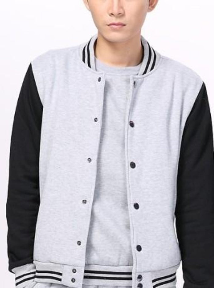 Gender-Neutral Baseball Coat: light gray, black varsity-style jacket, minimal sporty varsity style
