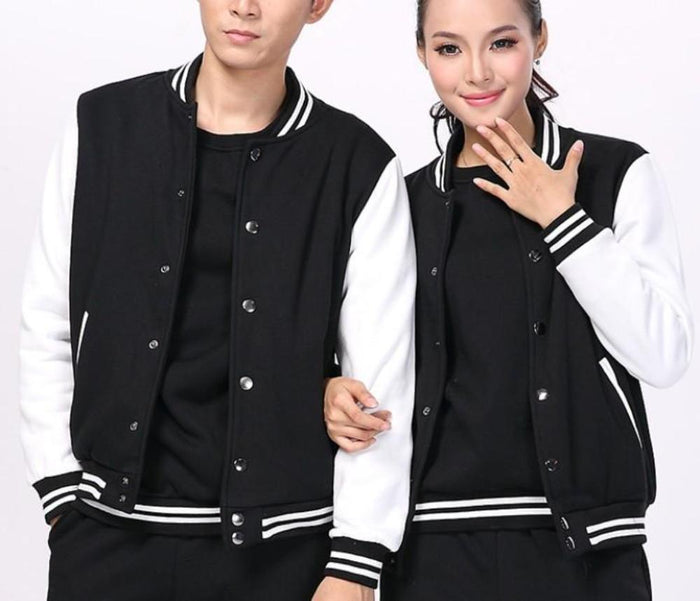 Gender-Neutral Baseball Coat: light gray, black varsity-style jacket, minimal sporty varsity style
