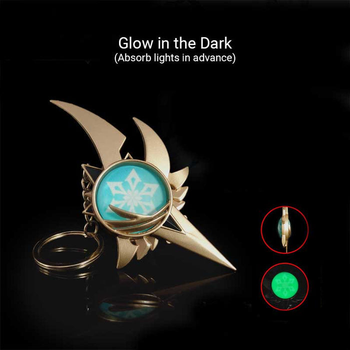 Genshin Eula Vision Keychain: Frozen Elegance: gold, turquoise stylized celestial emblem, fantasy game-inspired emblem style