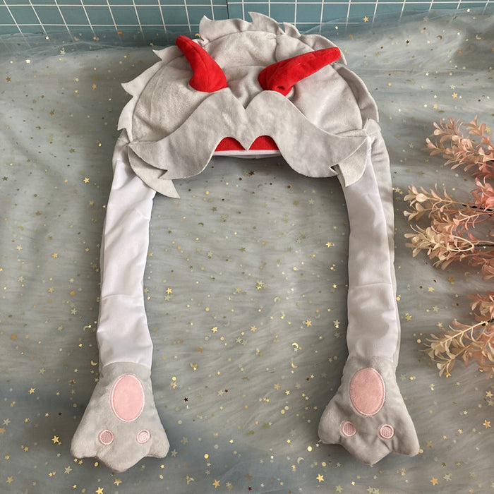 Genshin Hat with Moving Ears: light gray, red horned animal/character, kawaii cartoon style