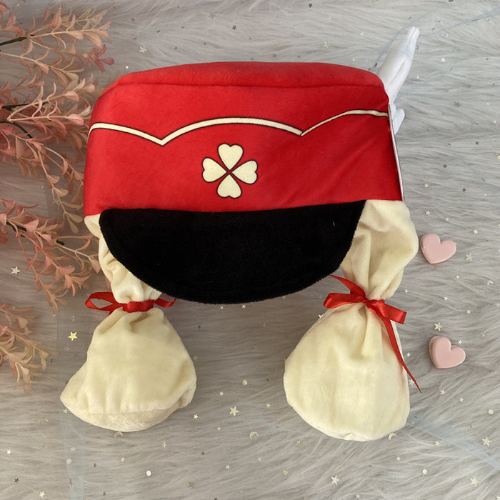Genshin Hat with Moving Ears: light gray, red horned animal/character, kawaii cartoon style