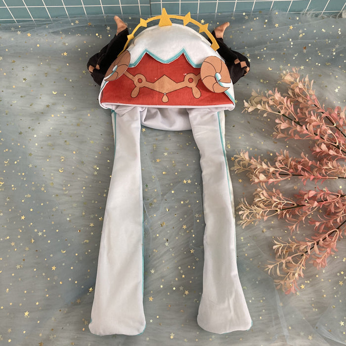 Genshin Hat with Moving Ears: light gray, red horned animal/character, kawaii cartoon style