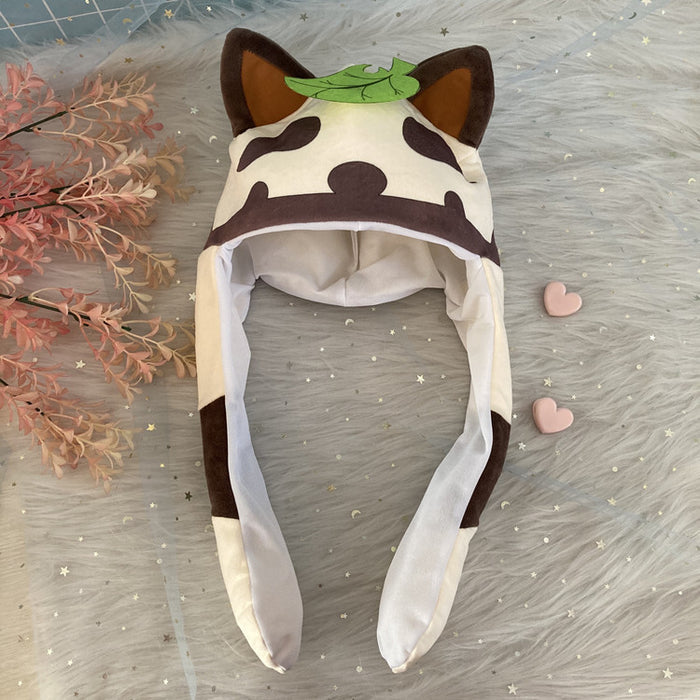 Genshin Hat with Moving Ears: light gray, red horned animal/character, kawaii cartoon style