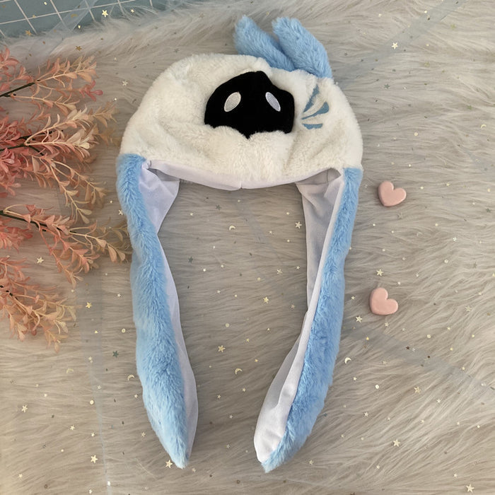 Genshin Hat with Moving Ears: light gray, red horned animal/character, kawaii cartoon style
