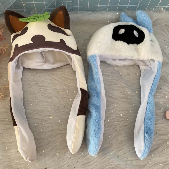 Genshin Hat with Moving Ears: light gray, red horned animal/character, kawaii cartoon style