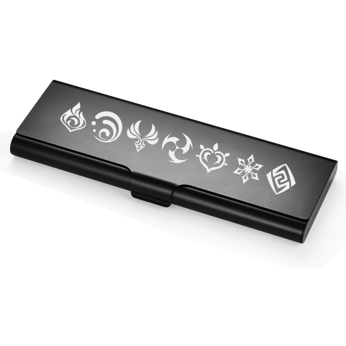 Genshin Impact Aluminum Pencil Case: black, white rectangular hinged case or box, minimal style