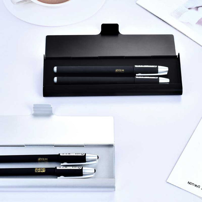 Genshin Impact Aluminum Pencil Case: black, white rectangular hinged case or box, minimal style