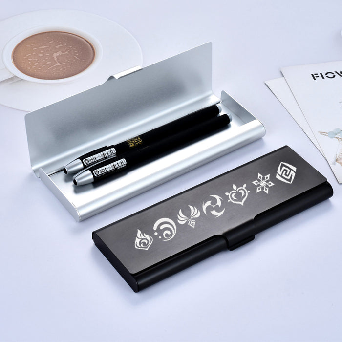 Genshin Impact Aluminum Pencil Case: black, white rectangular hinged case or box, minimal style