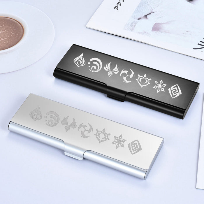 Genshin Impact Aluminum Pencil Case: black, white rectangular hinged case or box, minimal style