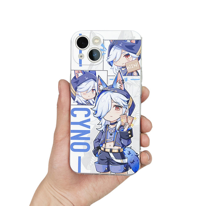 Genshin Impact Animal Ear Phone Cases: clear/transparent, white anime-style blond fox-eared character holding a small animal