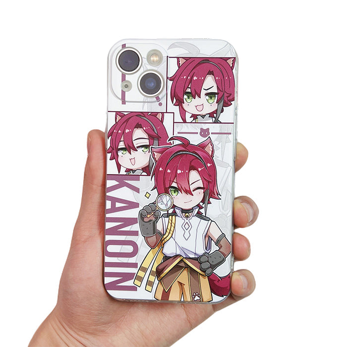Genshin Impact Animal Ear Phone Cases: clear/transparent, white anime-style blond fox-eared character holding a small animal