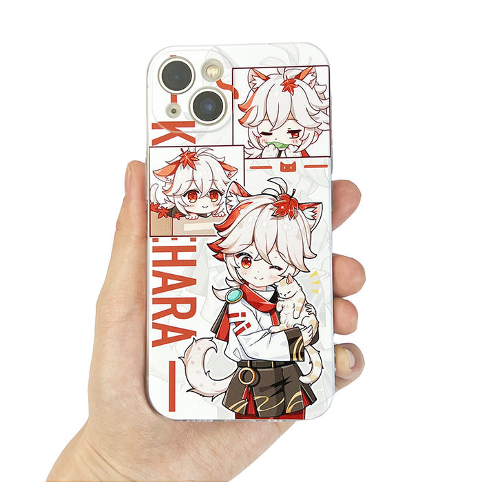 Genshin Impact Animal Ear Phone Cases: clear/transparent, white anime-style blond fox-eared character holding a small animal