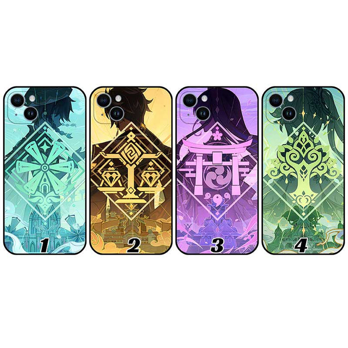 Genshin Impact Archon Phone Case: teal, aqua anime-style character silhouettes with ornate emblem designs, anime-inspired gra