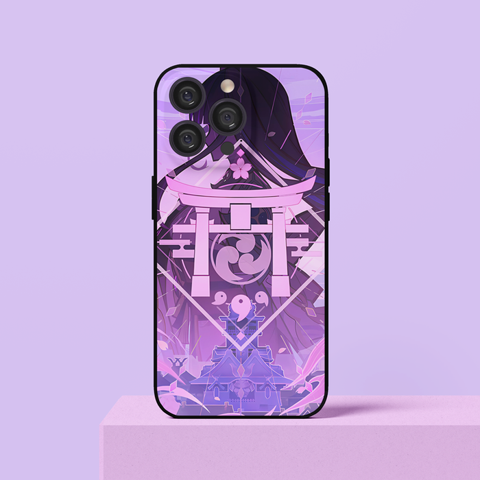 Genshin Impact Archon Phone Case: teal, aqua anime-style character silhouettes with ornate emblem designs, anime-inspired gra