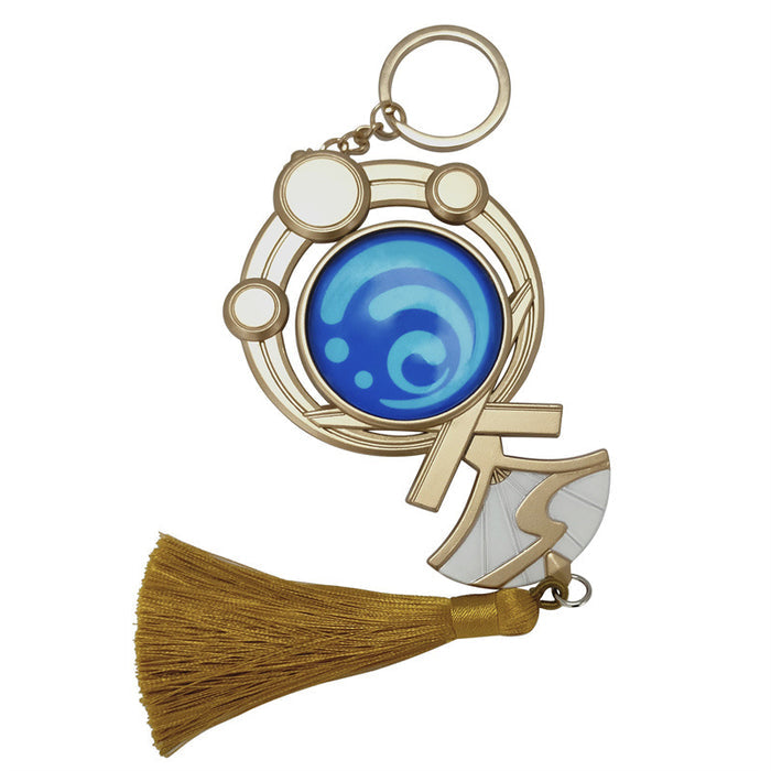 Genshin Impact Ayato Vision Keychain: gold, blue stylized water swirl emblem, ornamental cartoon-inspired style