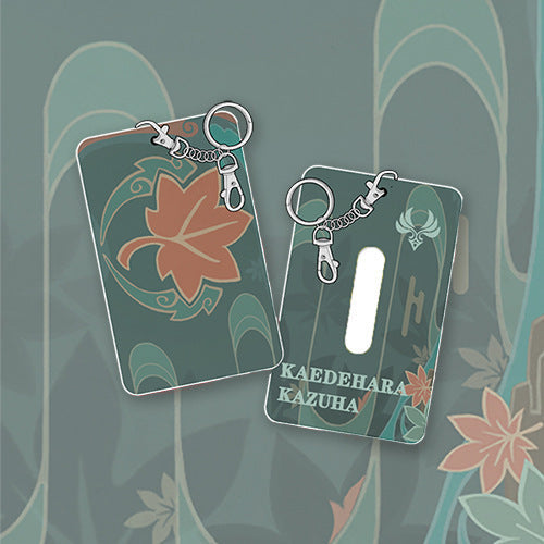 Genshin Impact Badge Holder, Practical Gift: dark teal, orange maple leaf theme, stylized cartoon/anime-inspired style