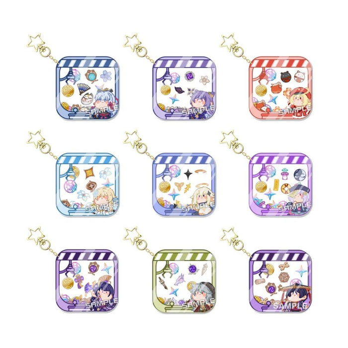 Genshin Impact Character Keychains: Collect Them All!: blue, purple anime-style characters with assorted themed icons, cartoo
