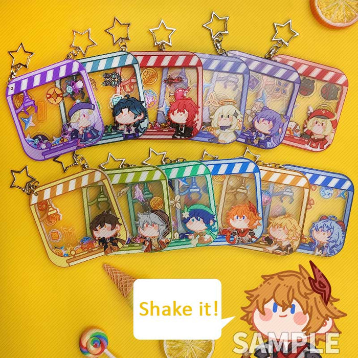 Genshin Impact Character Keychains: Collect Them All!: blue, purple anime-style characters with assorted themed icons, cartoo