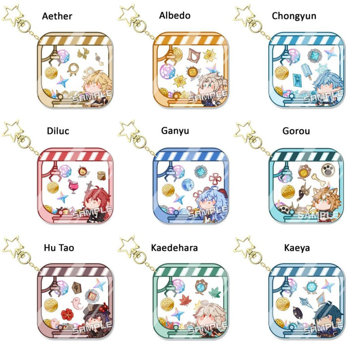 Genshin Impact Character Keychains: Collect Them All!: blue, purple anime-style characters with assorted themed icons, cartoo