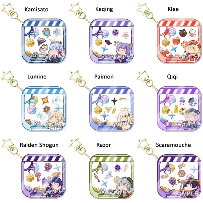 Genshin Impact Character Keychains: Collect Them All!: blue, purple anime-style characters with assorted themed icons, cartoo