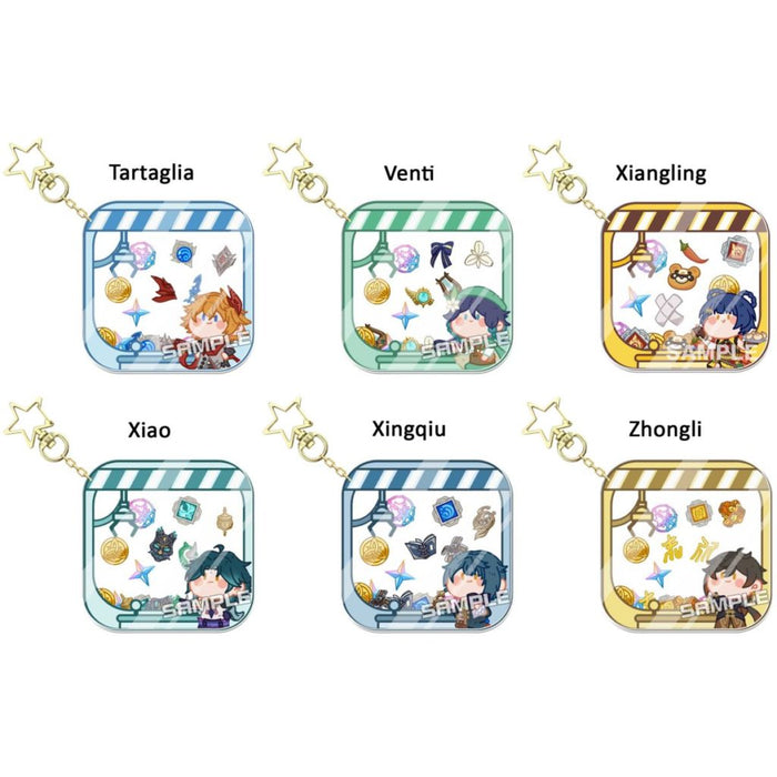 Genshin Impact Character Keychains: Collect Them All!: blue, purple anime-style characters with assorted themed icons, cartoo