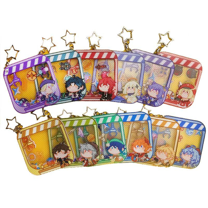 Genshin Impact Character Keychains: Collect Them All!: blue, purple anime-style characters with assorted themed icons, cartoo