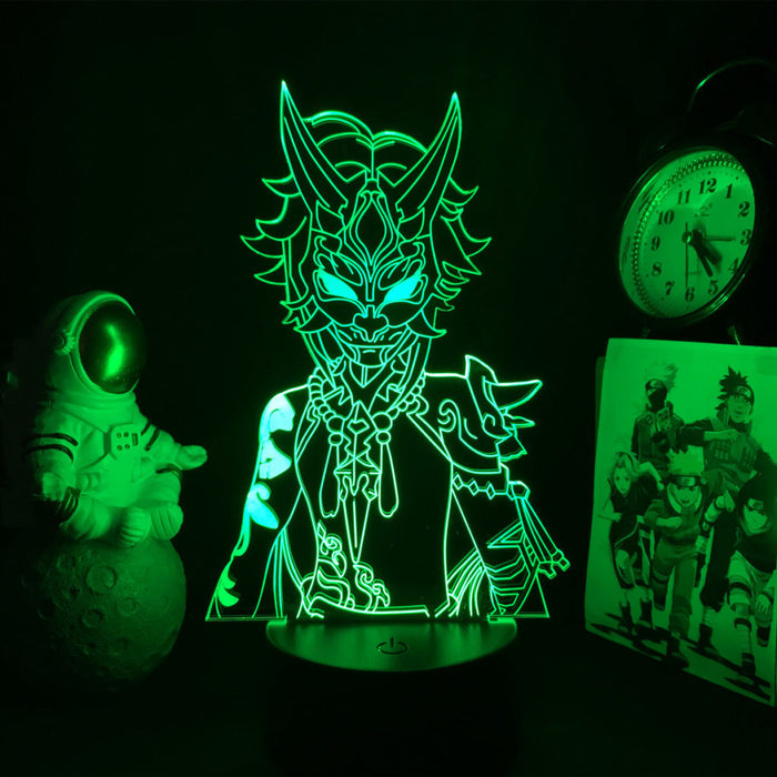 Genshin Impact Character Night Light: neon green, black stylized horned masked character, cartoon/anime-inspired style
