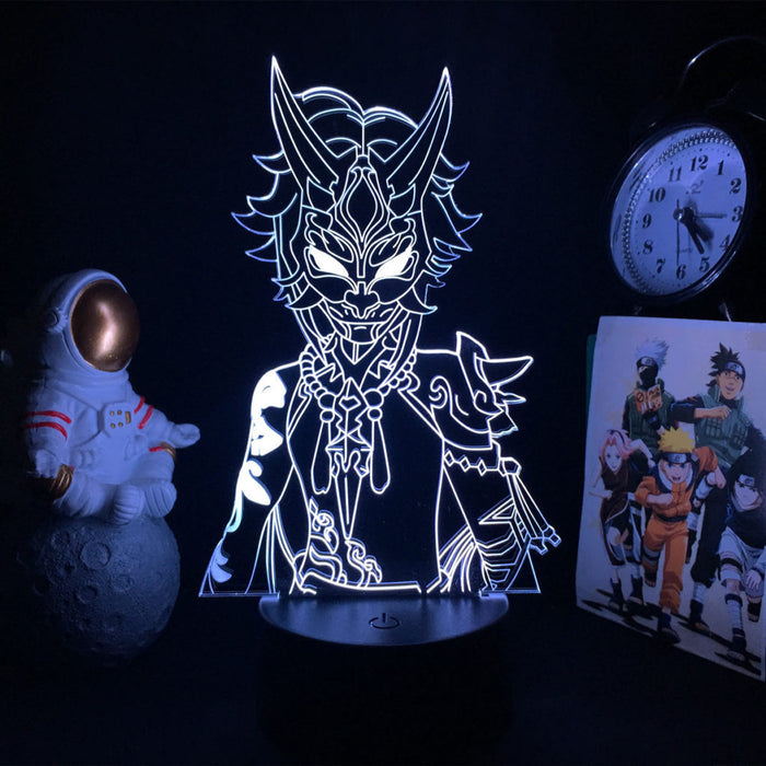 Genshin Impact Character Night Light: neon green, black stylized horned masked character, cartoon/anime-inspired style