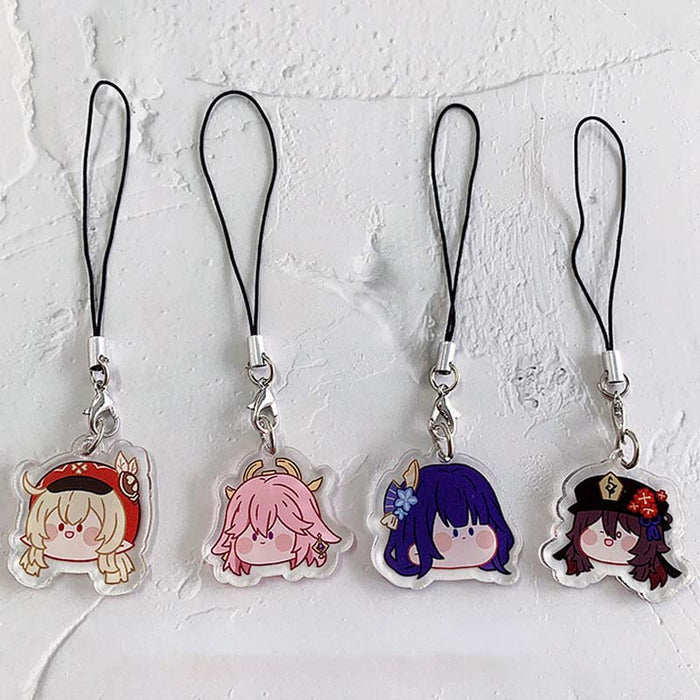Genshin Impact Charms with Cute Designs: black, silver anime-style character faces and a circular star-themed emblem, kawaii