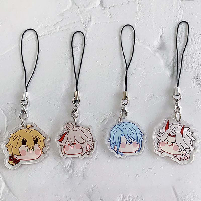 Genshin Impact Charms with Cute Designs: black, silver anime-style character faces and a circular star-themed emblem, kawaii