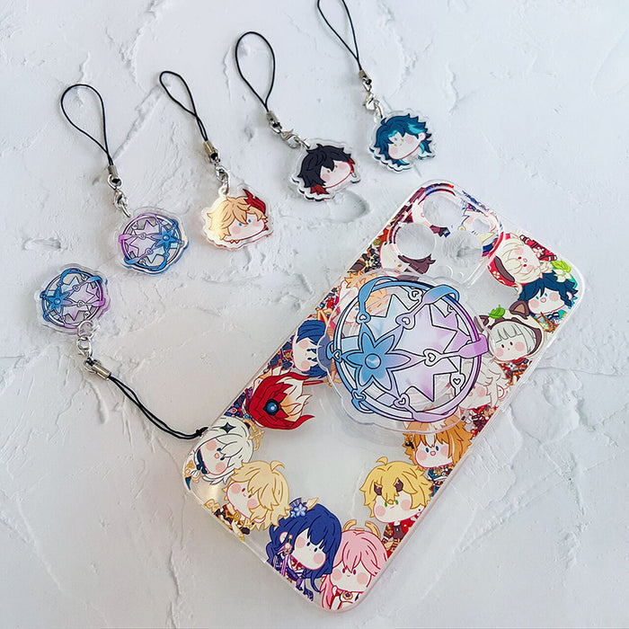 Genshin Impact Charms with Cute Designs: black, silver anime-style character faces and a circular star-themed emblem, kawaii