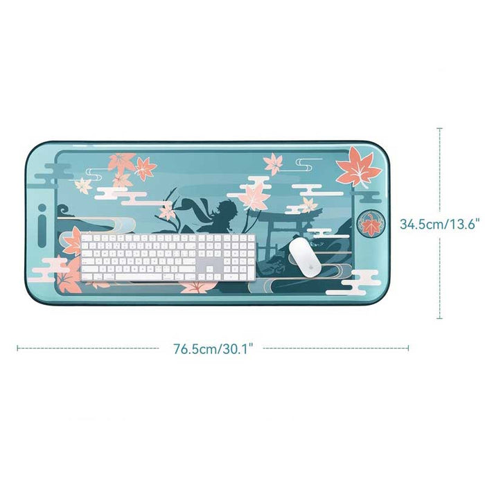 Genshin Impact Desk Mat: Personalized Gaming Workspace: teal, blue-green autumn maple leaves and deer landscape, cartoon, min