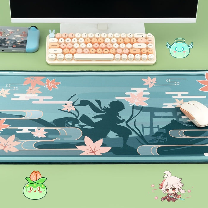Genshin Impact Desk Mat: Personalized Gaming Workspace: teal, blue-green autumn maple leaves and deer landscape, cartoon, min