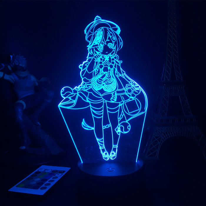 Genshin Impact Desktop Night Light: bright blue, black anime-style girl character, anime, cartoon, neon line art style
